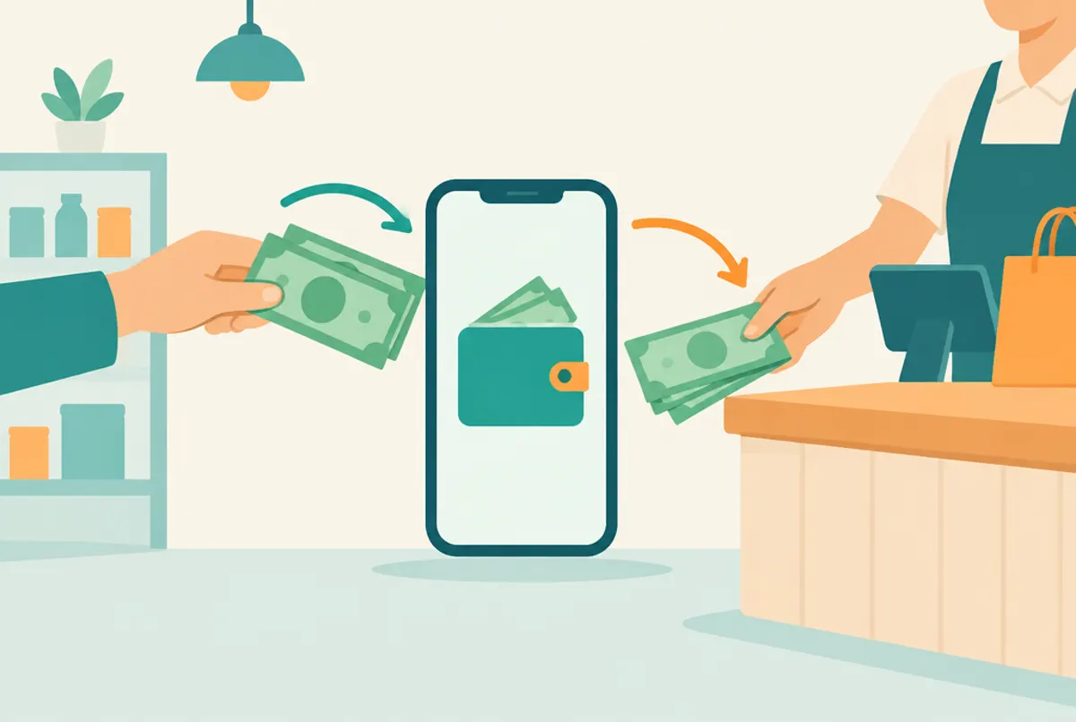Ilustración de efectivo entrando y saliendo de una billetera digital en una tienda
