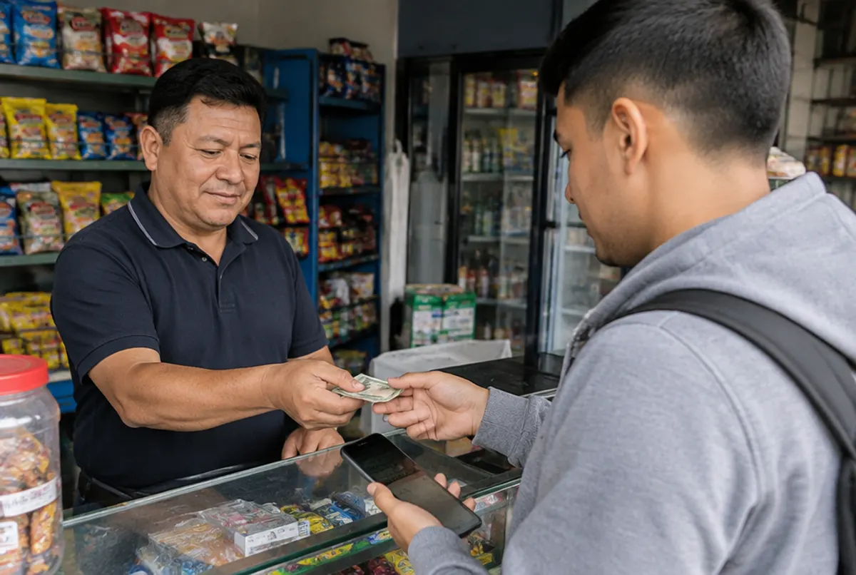 Tendero entrega efectivo a un joven que hizo un retiro de su billetera digital