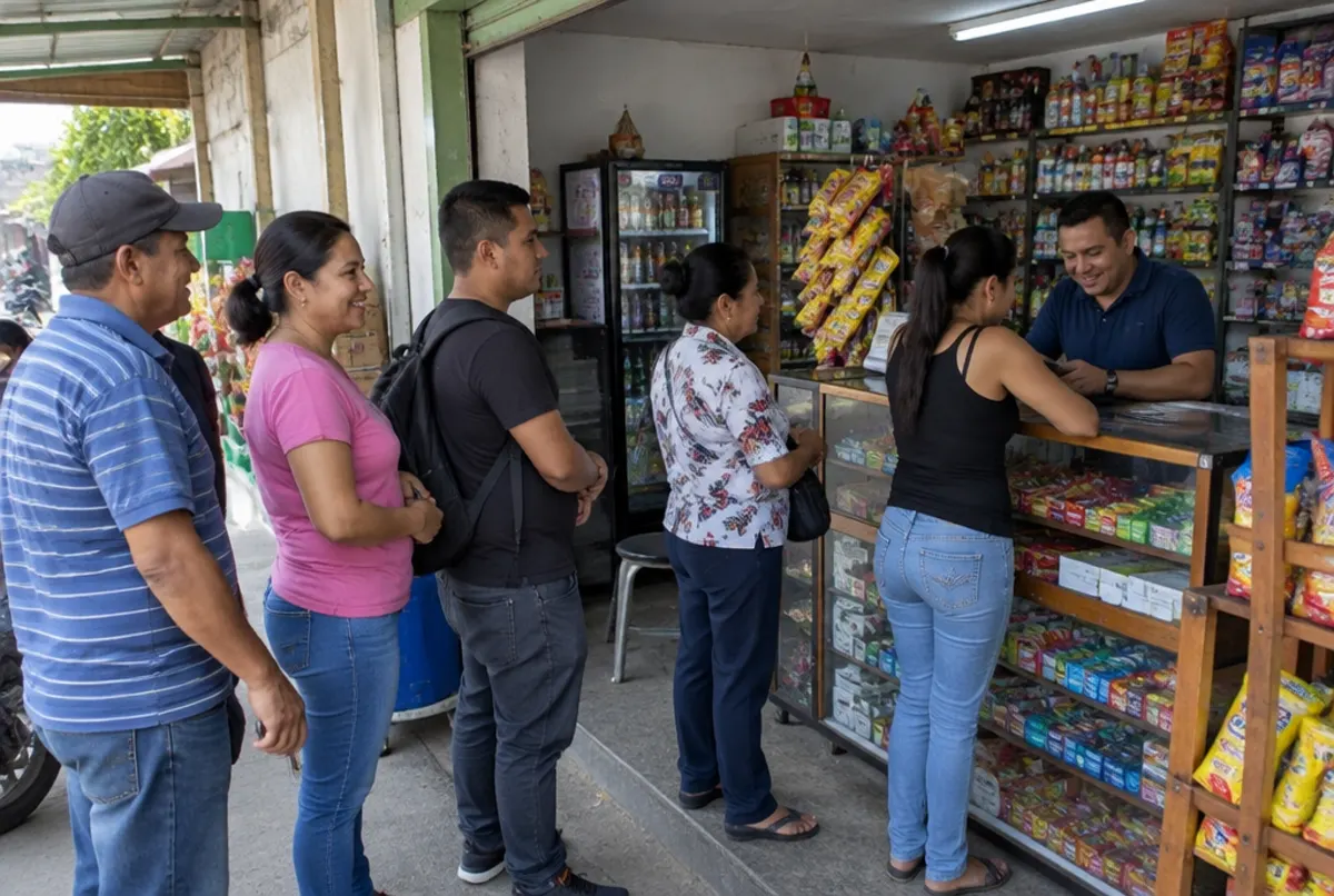 Vecinos hacen fila en una tienda de barrio que presta servicios de corresponsal bancario