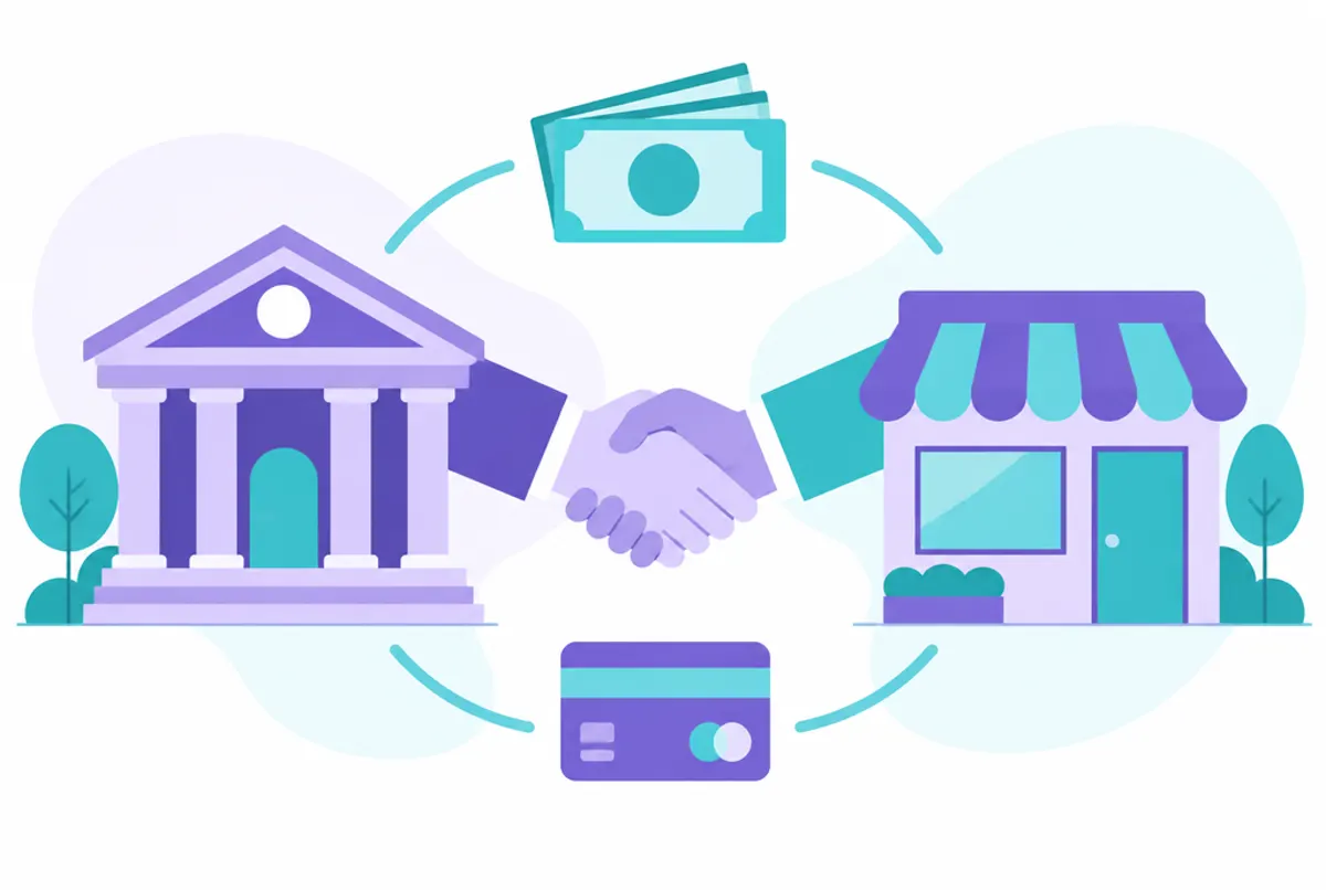 Ilustración de un banco y una tienda de barrio unidos por un acuerdo