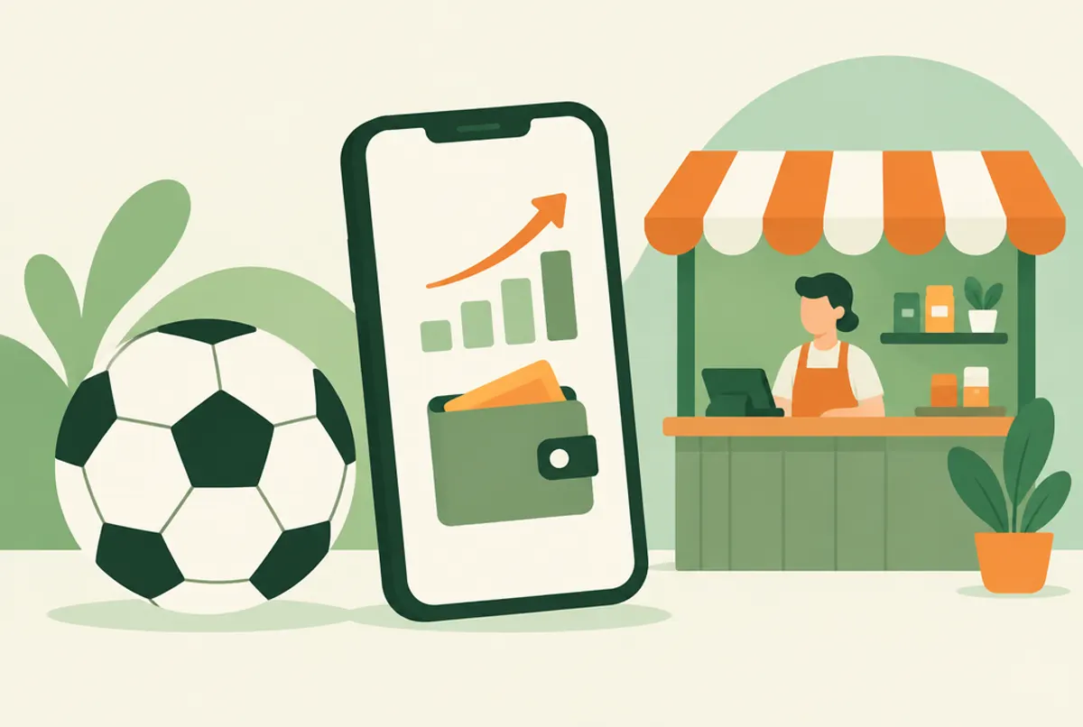 Ilustración de balón de fútbol, celular con saldo y una tienda