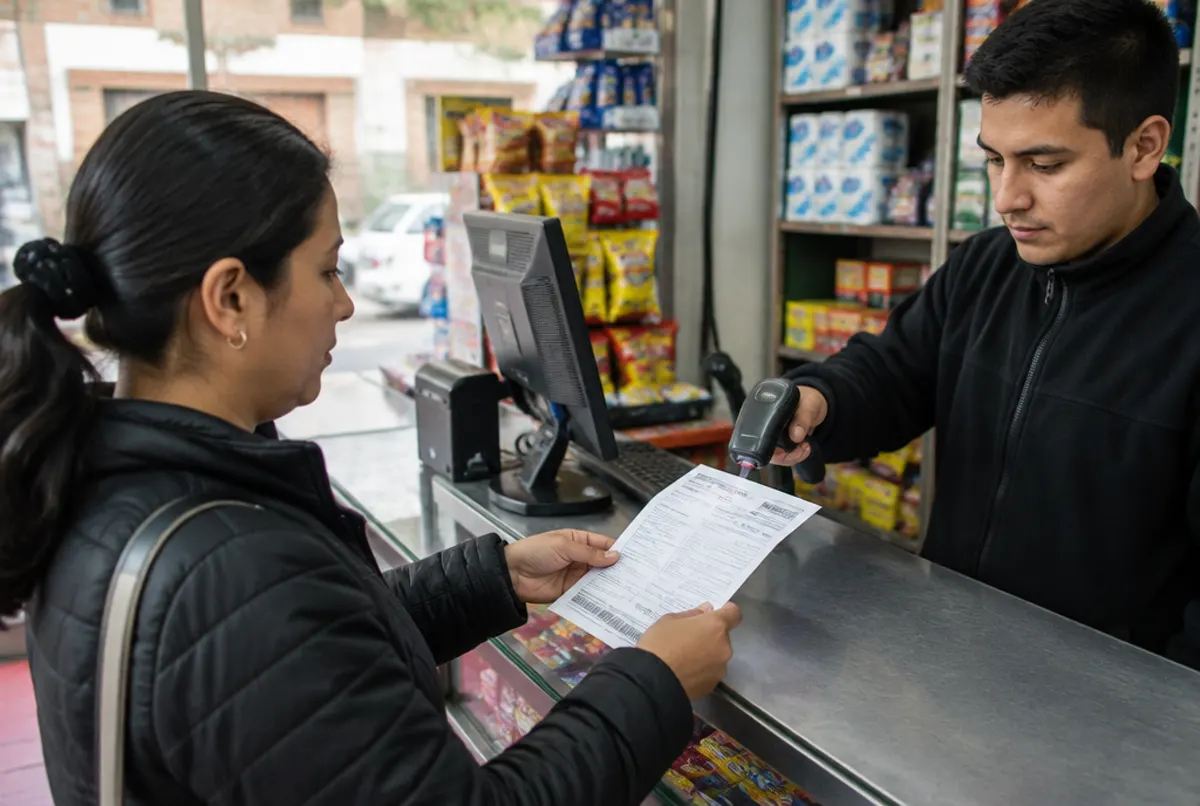 Clienta presenta su factura de servicios y el tendero escanea el código de barras