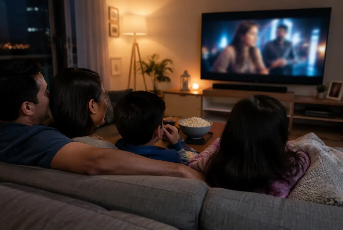 Familia colombiana viendo una película en su televisor en la noche