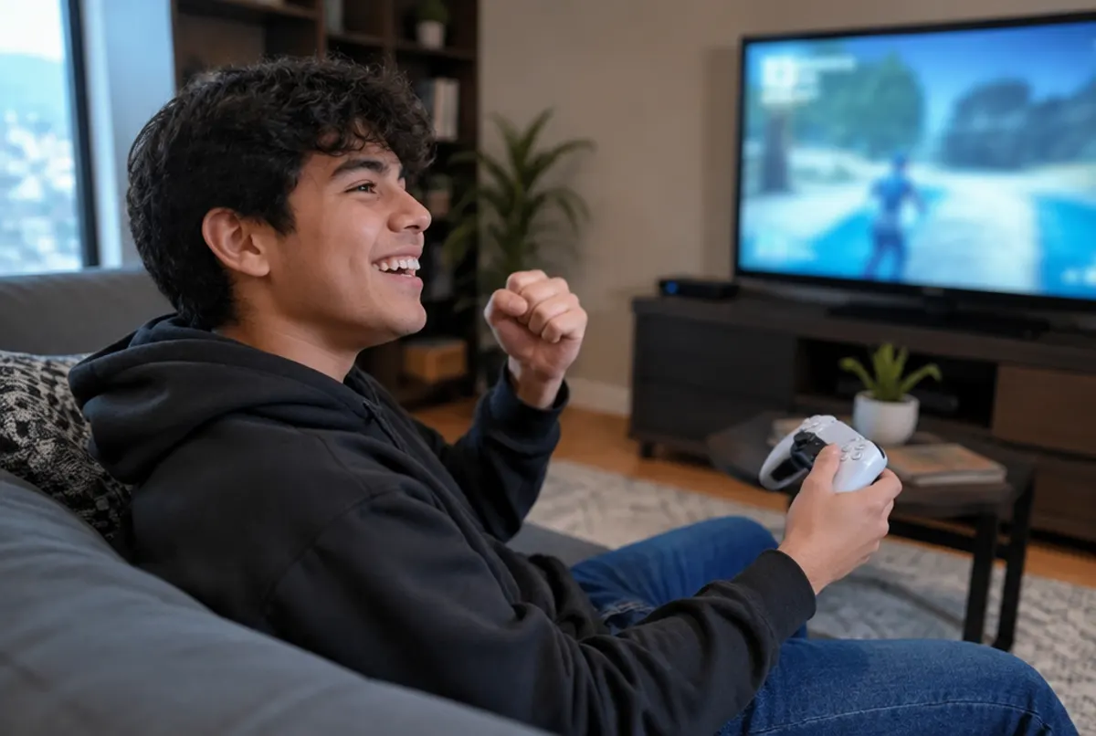 Adolescente juega videojuegos en casa después de redimir un pin