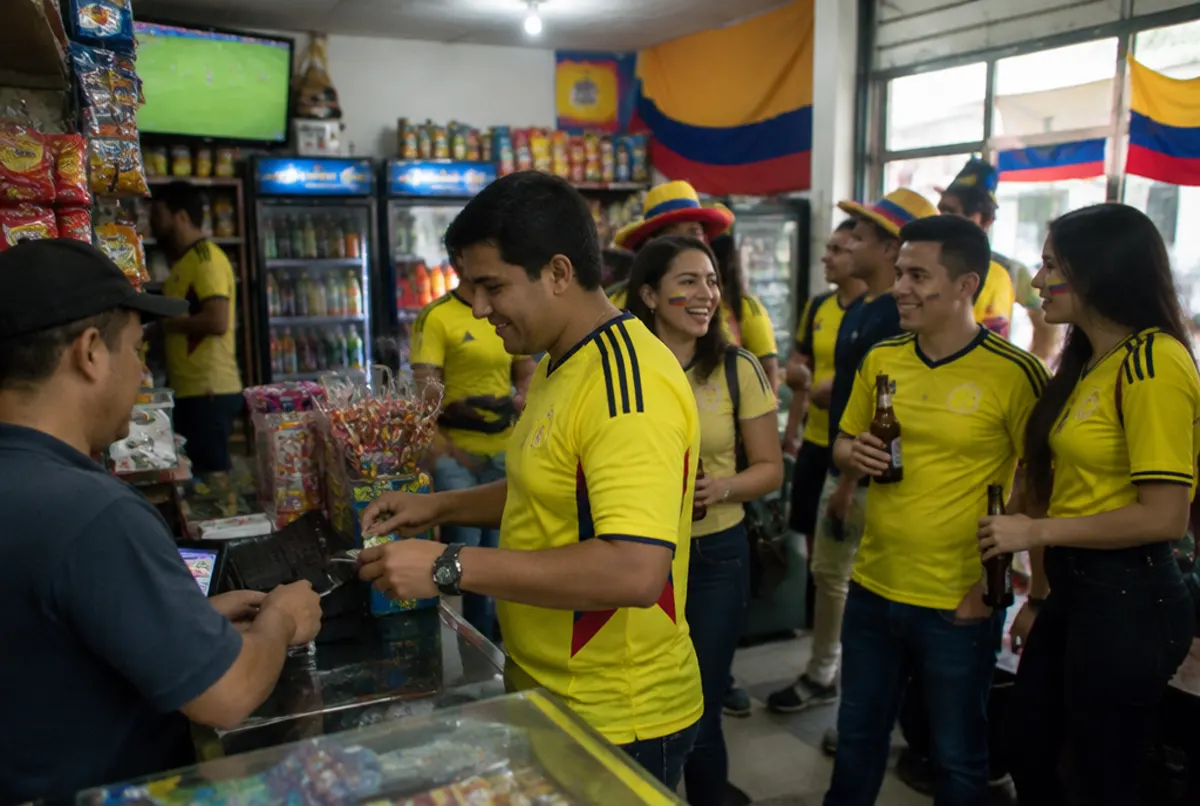 Hinchas de fútbol con camisetas en una tienda de barrio el día del partido