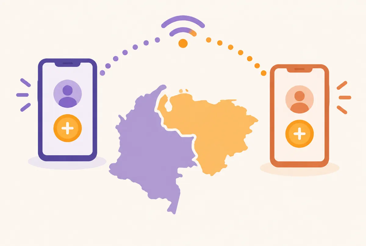 Ilustración de dos celulares conectados entre Colombia y Venezuela