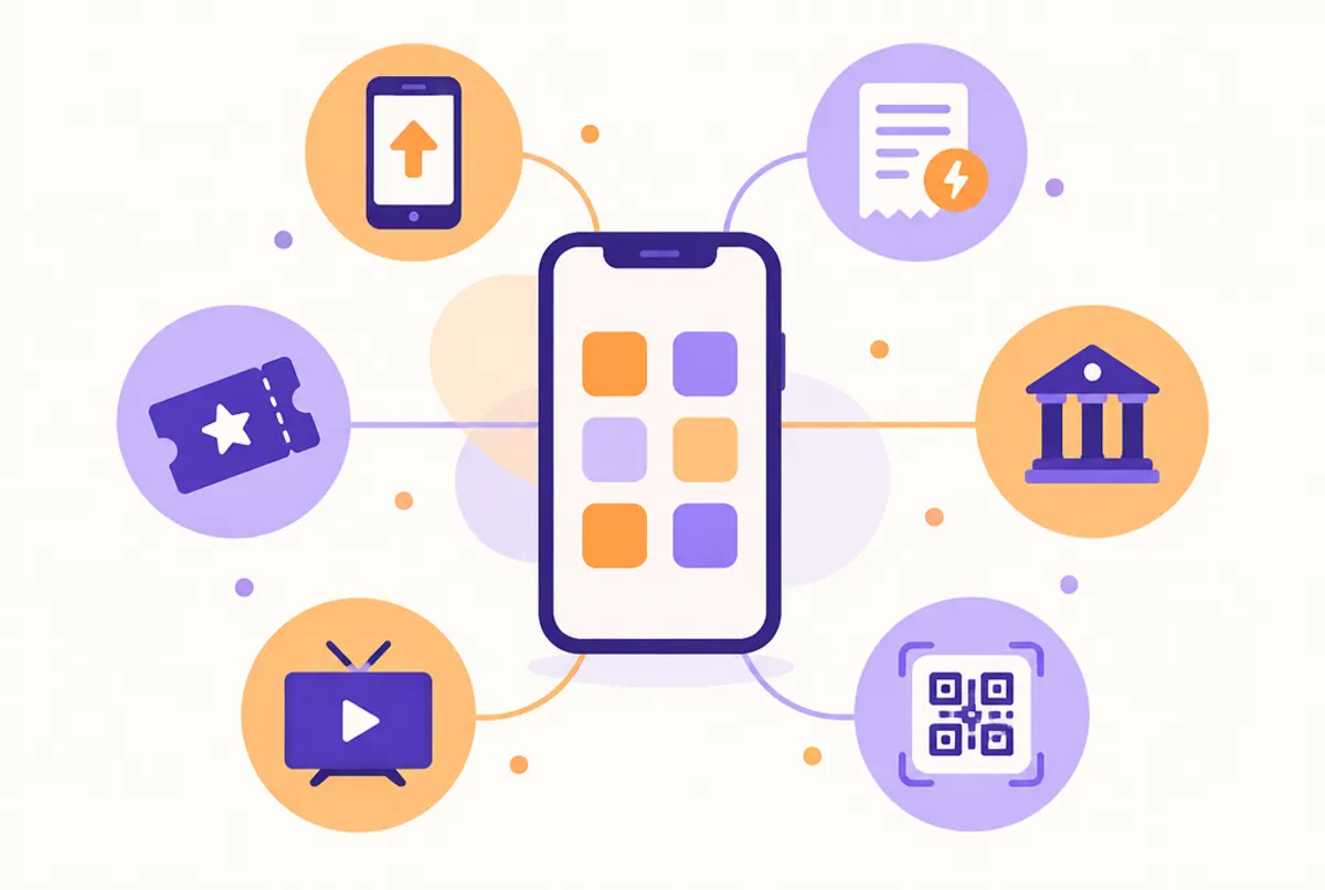Ilustración de la plataforma multiproducto con recargas, facturas, banco, entretenimiento y QR
