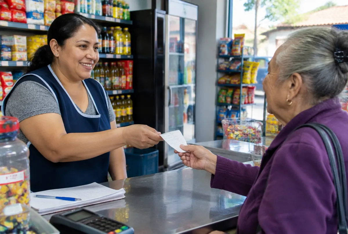 Tendero entrega comprobante a una señora que pagó sus servicios públicos en la tienda
