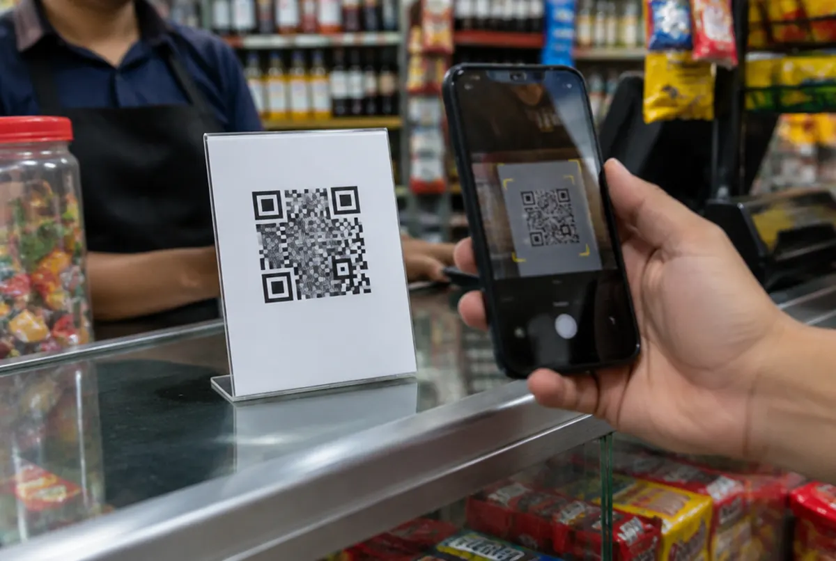 Mano escanea con el celular un código QR en el mostrador de una tienda