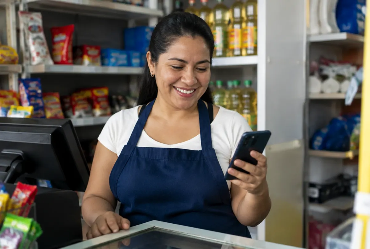 Tendera sonríe al ver la notificación de un pago recibido en su celular