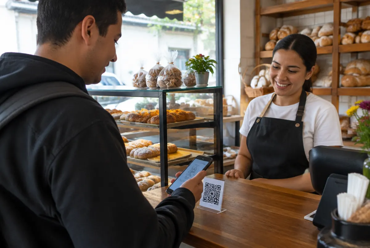 Cliente paga en una panadería escaneando un código QR con su celular