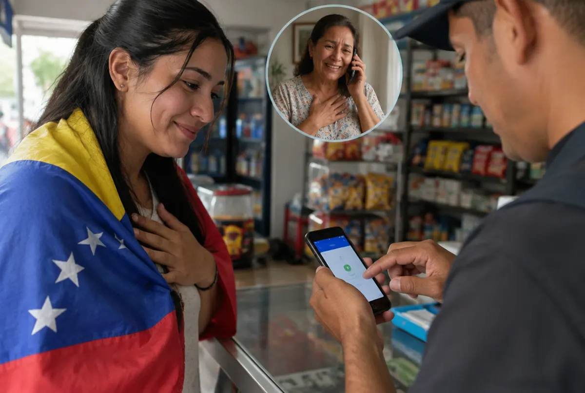 Mujer venezolana en una tienda de Colombia recarga el celular de su madre en Venezuela