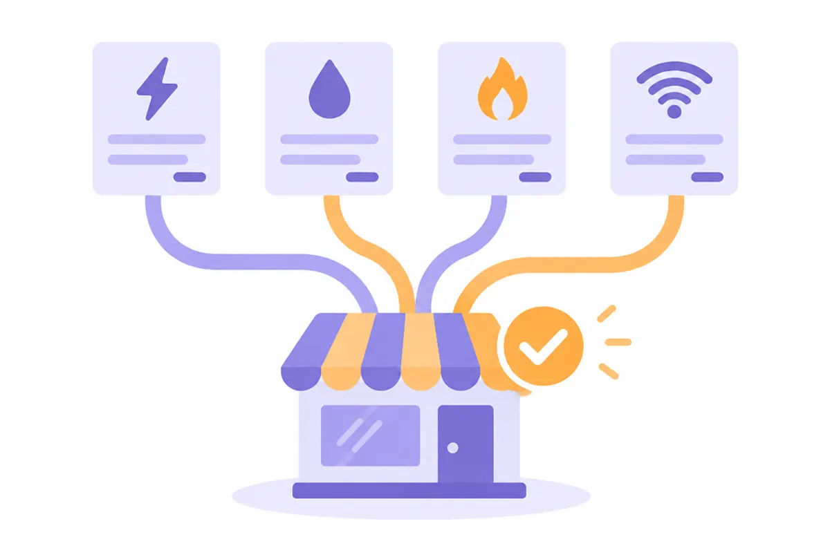 Ilustración de facturas de energía, agua, gas e internet pagadas en una tienda