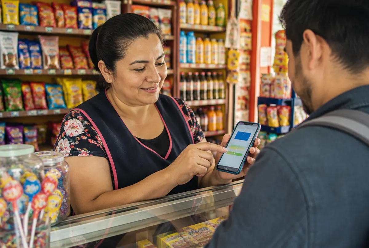 Tendero en Colombia vende una recarga de celular a un cliente usando la plataforma Bemovil